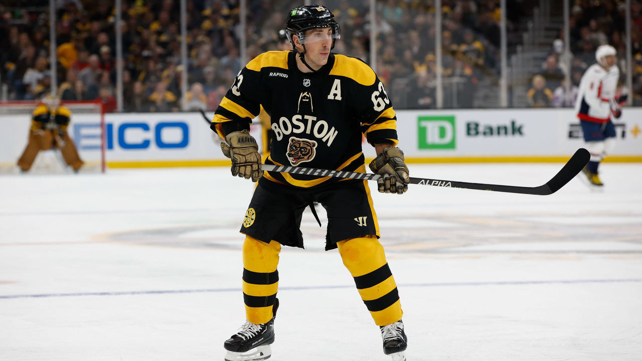 BOSTON, MA - FEBRUARY 11: Brad Marchand #63 of the Boston Bruins skates against the Washington Capitals during the first period at the TD Garden on February 11, 2023 in Boston, Massachusetts. The Capitals won 2-1.