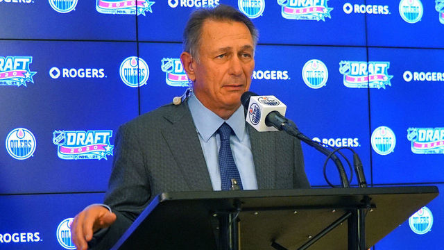EDMONTON, AB - OCTOBER 06: President of Hockey Operations and General Manager Ken Holland of the Edmonton Oilers speaks at the podium during the first round of the 2020 NHL Entry Draft at Rogers Place on October 06, 2020 in Edmonton, Alberta, Canada. The 2020 NHL Draft was held virtually due to the ongoing Coronavirus pandemic.