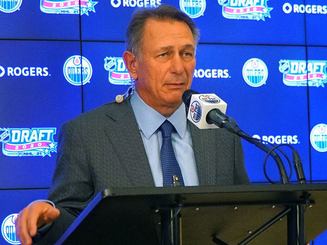 EDMONTON, AB - OCTOBER 06: President of Hockey Operations and General Manager Ken Holland of the Edmonton Oilers speaks at the podium during the first round of the 2020 NHL Entry Draft at Rogers Place on October 06, 2020 in Edmonton, Alberta, Canada. The 2020 NHL Draft was held virtually due to the ongoing Coronavirus pandemic.