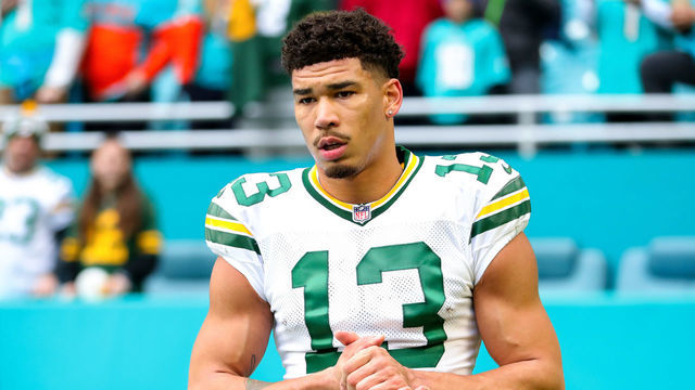 MIAMI GARDENS, FLORIDA - DECEMBER 25: Allen Lazard #13 of the Green Bay Packers looks on at halftime against the Miami Dolphins at Hard Rock Stadium on December 25, 2022 in Miami Gardens, Florida.