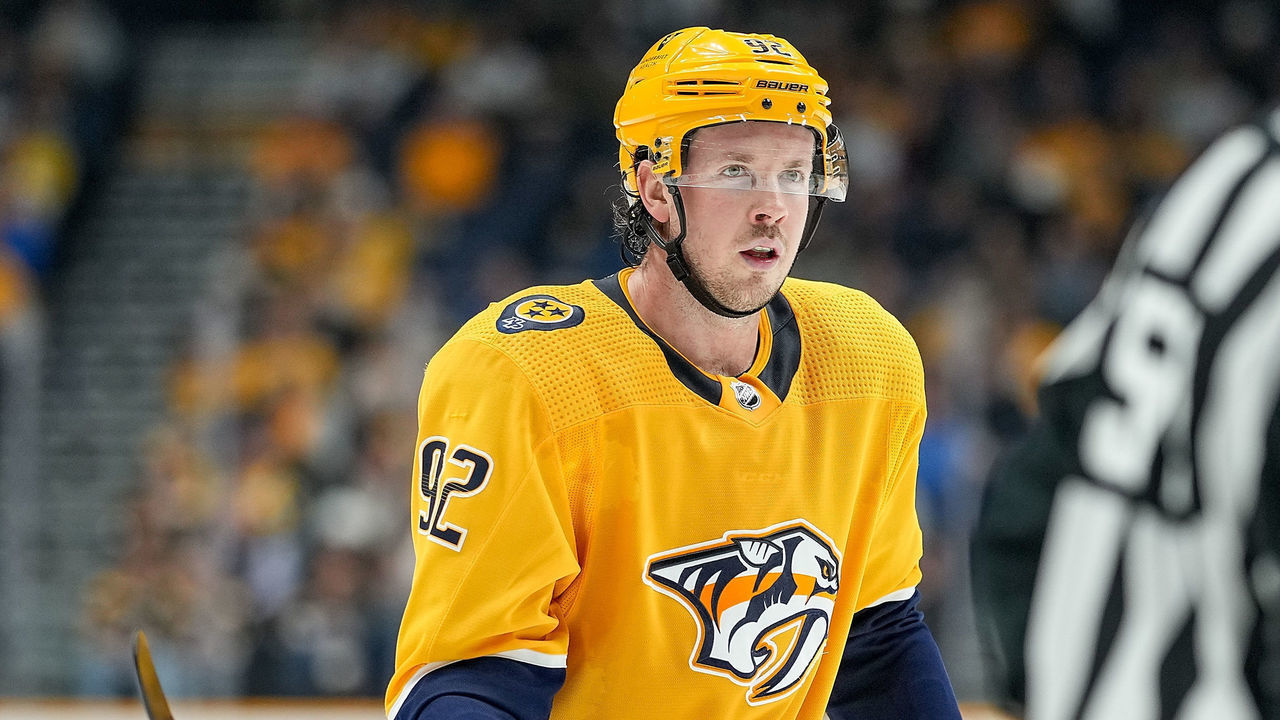 NASHVILLE, TENNESSEE - FEBRUARY 16: Ryan Johansen #92 of the Nashville Predators skates against the Boston Bruins during an NHL game at Bridgestone Arena on February 16, 2023 in Nashville, Tennessee.