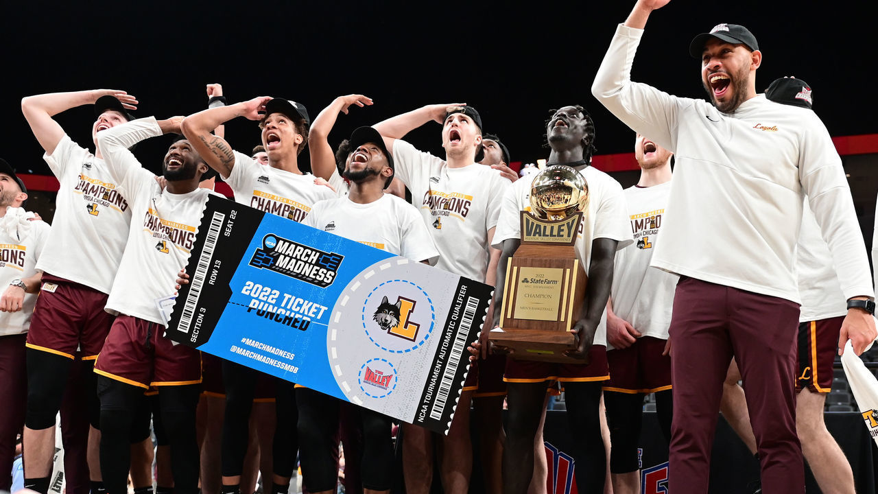 ST. LOUIS, MO - MARCH 06: Loyola players react to game highlights on the Jumbotron after the championship game of the Missouri Valley Conference Tournament between the Loyola Chicago Ramblers and the Drake Bulldogs on March 06, 2022, at Enterprise Center, St. Louis , MO. ,