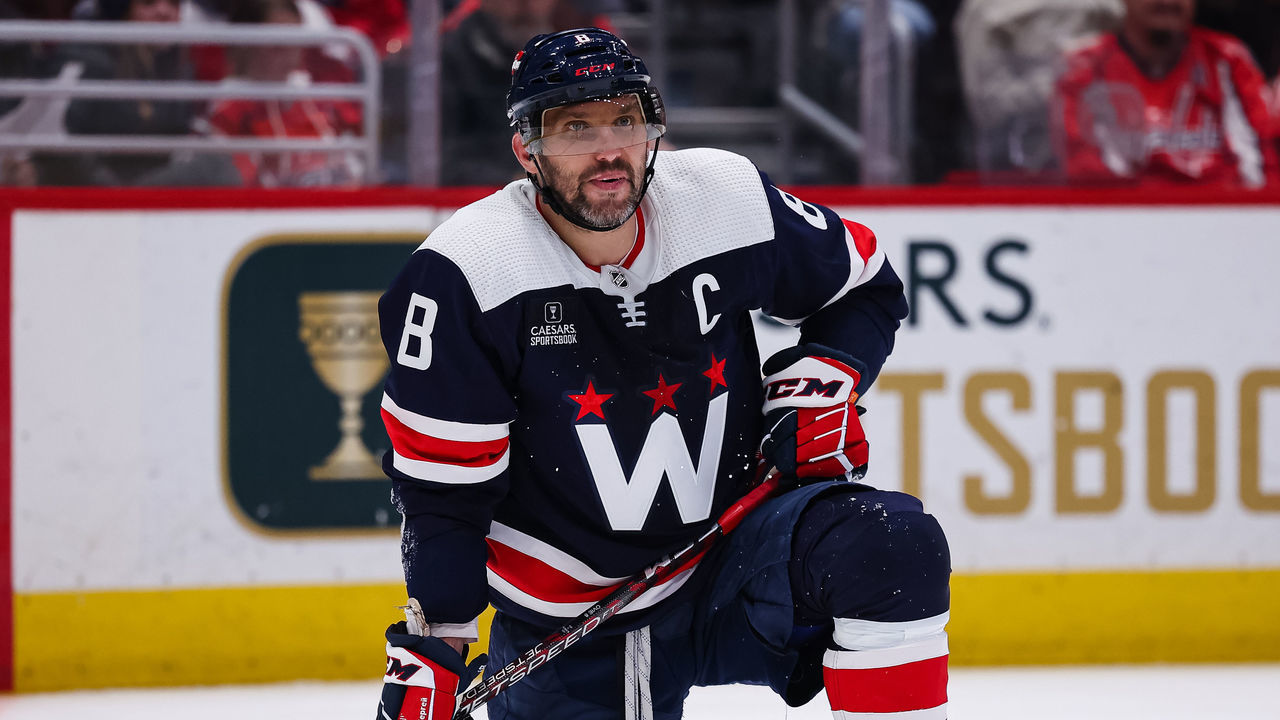 WASHINGTON, DC - FEBRUARY 12: Alex Ovechkin #8 of the Washington Capitals looks on after a San Jose Sharks goal during the third period of the game at Capital One Arena on February 12, 2023 in Washington, DC.
