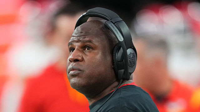 LAS VEGAS, NEVADA - JANUARY 07: Kansas City Chiefs offensive coordinator Eric Bienemy looks on during the first half of a game against the Las Vegas Raiders at Allegiant Stadium on January 07, 2023 in Las Vegas, Nevada.