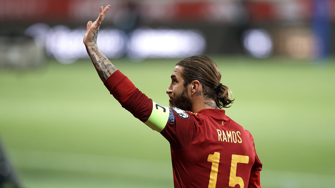 Sergio Ramos (Real Madrid) of Spain greets during the FIFA World Cup 2022 Qatar qualifying match between Spain and Kosovo at Estadio de La Cartuja on March 31, 2021 in Seville, Spain.