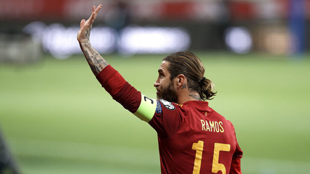 Sergio Ramos (Real Madrid) of Spain greets during the FIFA World Cup 2022 Qatar qualifying match between Spain and Kosovo at Estadio de La Cartuja on March 31, 2021 in Seville, Spain.