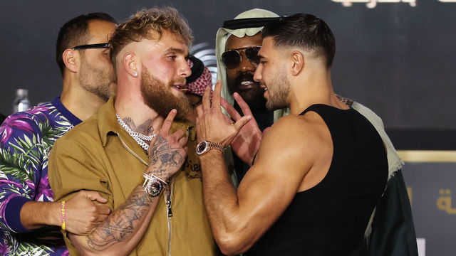 RIYADH, SAUDI ARABIA - FEBRUARY 23: Jake Paul and Tommy Fury (R) clash during the Jake Paul v Tommy Fury Press Conference on February 23, 2023 in Riyadh, Saudi Arabia.