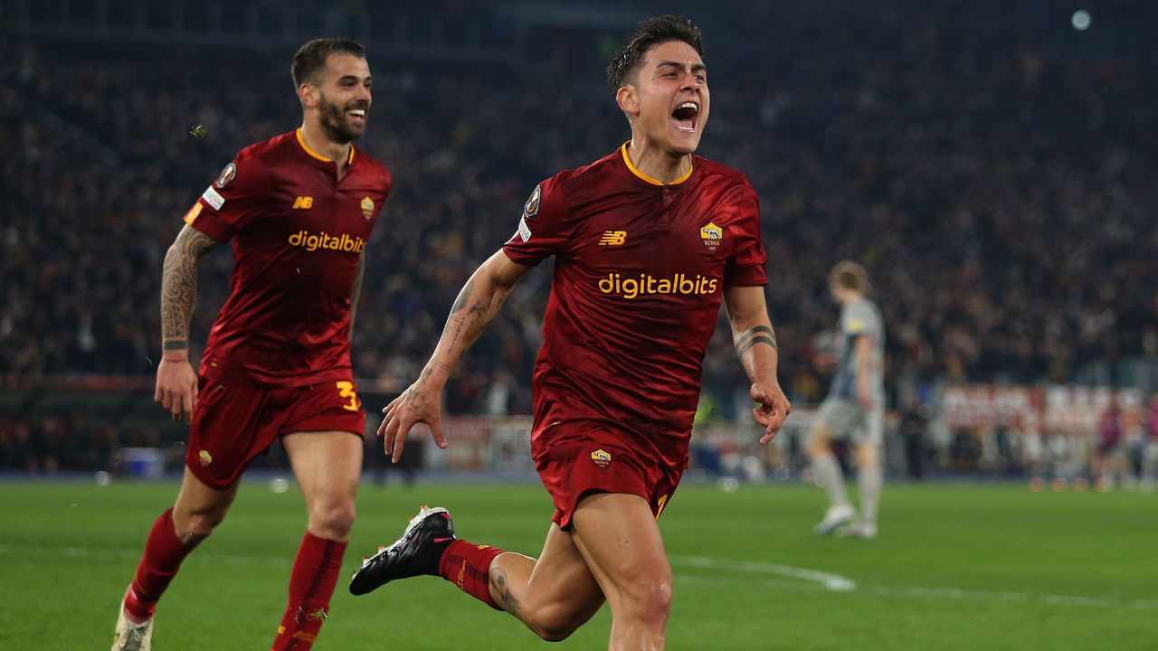 ROME, ITALY - FEBRUARY 23: Paulo Dybala AS Roma celebrates after scoring the team's second goal during the UEFA Europa League knockout round play-off leg two match between AS Roma and RB Salzburg at Stadio Olimpico on February 23, 2023 in Rome, Italy.