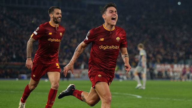 ROME, ITALY - FEBRUARY 23: Paulo Dybala AS Roma celebrates after scoring the team's second goal during the UEFA Europa League knockout round play-off leg two match between AS Roma and RB Salzburg at Stadio Olimpico on February 23, 2023 in Rome, Italy.