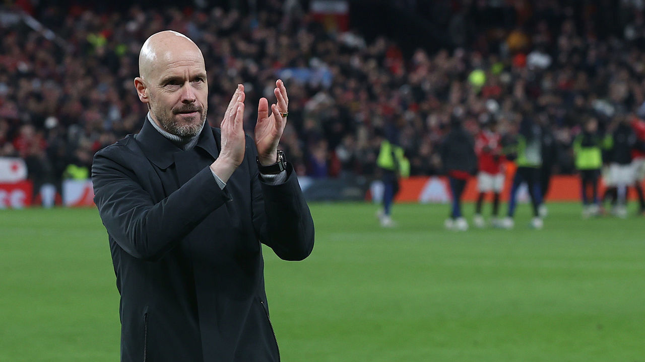 MANCHESTER, ENGLAND - FEBRUARY 23: Manager Erik ten Hag of Manchester United walks off after the UEFA Europa League knockout round play-off leg two match between Manchester United and FC Barcelona at Old Trafford on February 23, 2023 in Manchester, England.