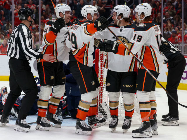 WASHINGTON, DC - FEBRUARY 23: The Anaheim Ducks celebrate a goal in the second period against the Washington Capitals at Capital One Arena on February 23, 2023 in Washington, D.C.