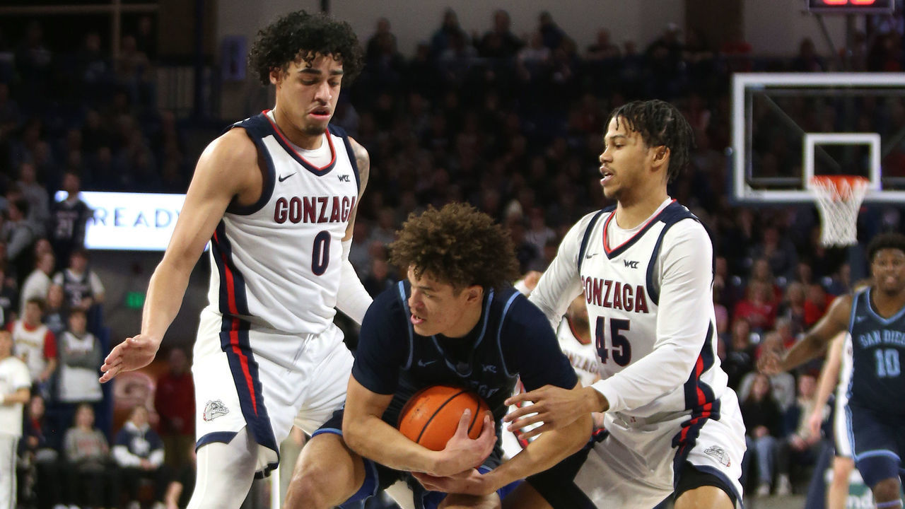 SPOKANE, WASHINGTON - FEBRUARY 23: Deven Dahlke #33 of the San Diego Toreros controls the ball against Julian Strawther #0 and Rasir Bolton #45 of the Gonzaga Bulldogs in the first half at McCarthey Athletic Center on February 23, 2023 in Spokane, Washington.