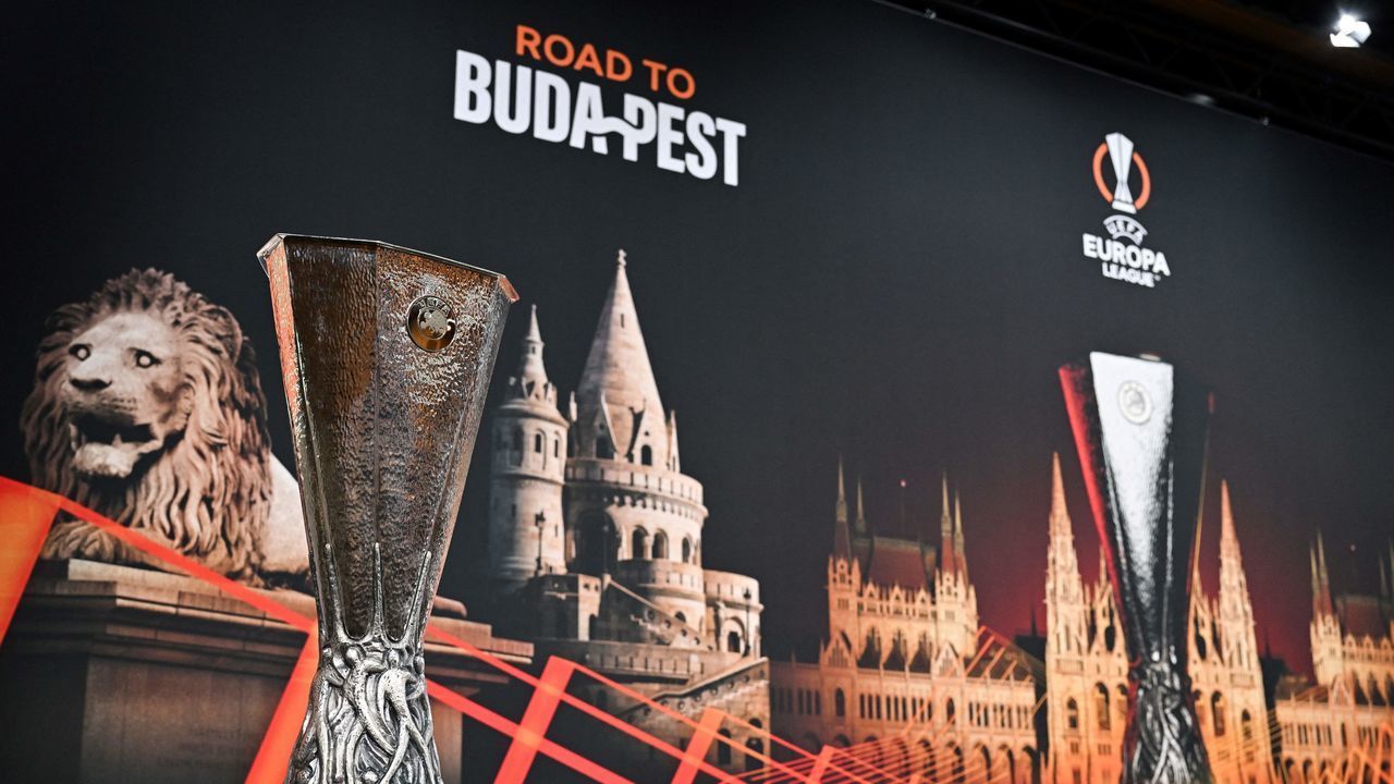 The UEFA Europa League trophy is pictured ahead of the draw for the round of 16 of the 2022-2023 UEFA Europa League football tournament in Nyon, on February 24, 2023.