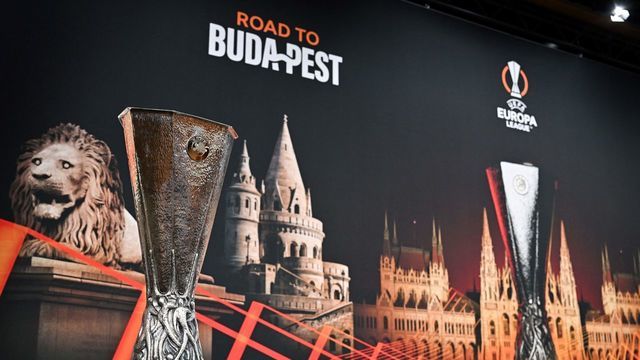 The UEFA Europa League trophy is pictured ahead of the draw for the round of 16 of the 2022-2023 UEFA Europa League football tournament in Nyon, on February 24, 2023.