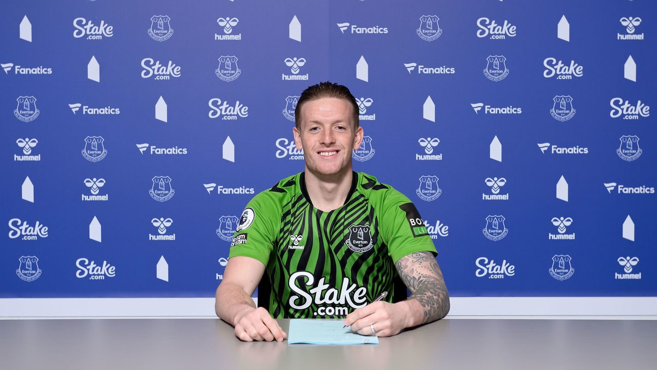HALEWOOD, ENGLAND - FEBRUARY 23: (EXCLUSIVE COVERAGE) Jordan Pickford of Everton poses for a photo after signing a new contrat at Finch Farm on February 24, 2024 in Halewood, England.
