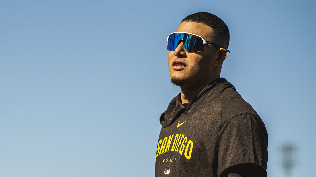 PEORIA, AZ - FEBRUARY 16: Manny Machado #13 of the San Diego Padres takes batting practice at the Peoria Sports Complex on February 16, 2023 in Peoria, Arizona.