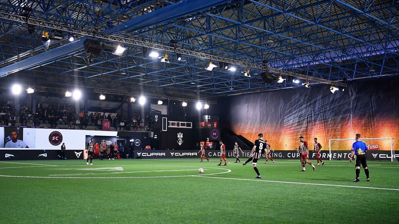 Players of Kunisports and Aniquiladores FC teams vie during the sixth Kings League match day at el Cupra Arena stadium in Barcelona, on February 12, 2023. - A masked La Liga player, a special card to send off an opponent, club presidents taking penalties and Gerard Pique himself opining on a new rule voted for by viewers. Something exciting is always happening in the former Barcelona defender's Kings League, a competition he created, taking the internet by storm.