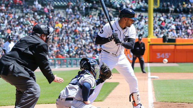 DETROIT, MI - APRIL 21: A general view of the ball entering the strike zone with Detroit Tigers center fielder Victor Reyes (22) at the plate is seen during a regular season Major League Baseball game between the New York Yankees and the Detroit Tigers on April 24, 2022 at Comerica Park in Detroit, Michigan.