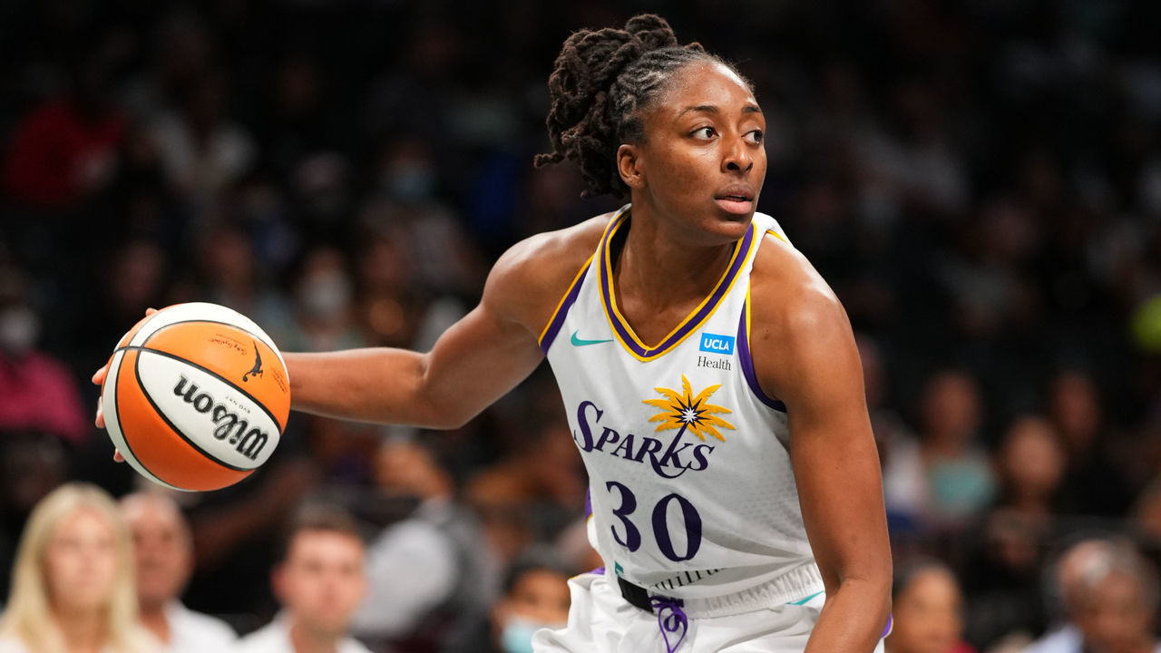 BROOKLYN, NY - AUGUST 3: Nneka Ogwumike #30 of the Los Angeles Sparks looks to pass the ball during the game against the New York Liberty on August 3, 2022 at the Barclays Center in Brooklyn, New York. Mandatory Copyright Notice: Copyright 2022 NBAE
