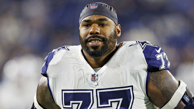 NASHVILLE, TENNESSEE - DECEMBER 29: Tyron Smith #77 of the Dallas Cowboys jogs to the locker room before a game against the Tennessee Titans at Nissan Stadium on December 29, 2022 in Nashville, Tennessee. The Cowboys defeated the Titans 27-13.