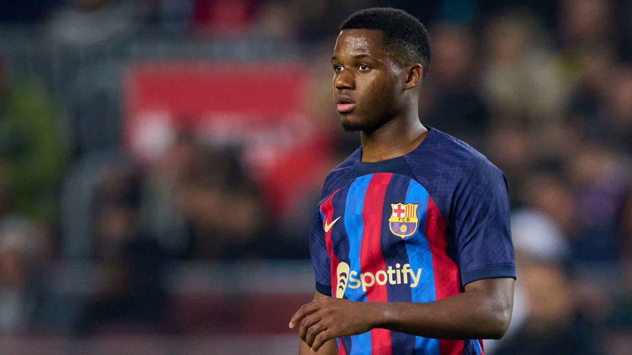 BARCELONA, SPAIN - FEBRUARY 19: Ansu Fati of FC Barcelona looks on during the LaLiga Santander match between FC Barcelona and Cadiz CF at Spotify Camp Nou on February 19, 2023 in Barcelona, Spain.