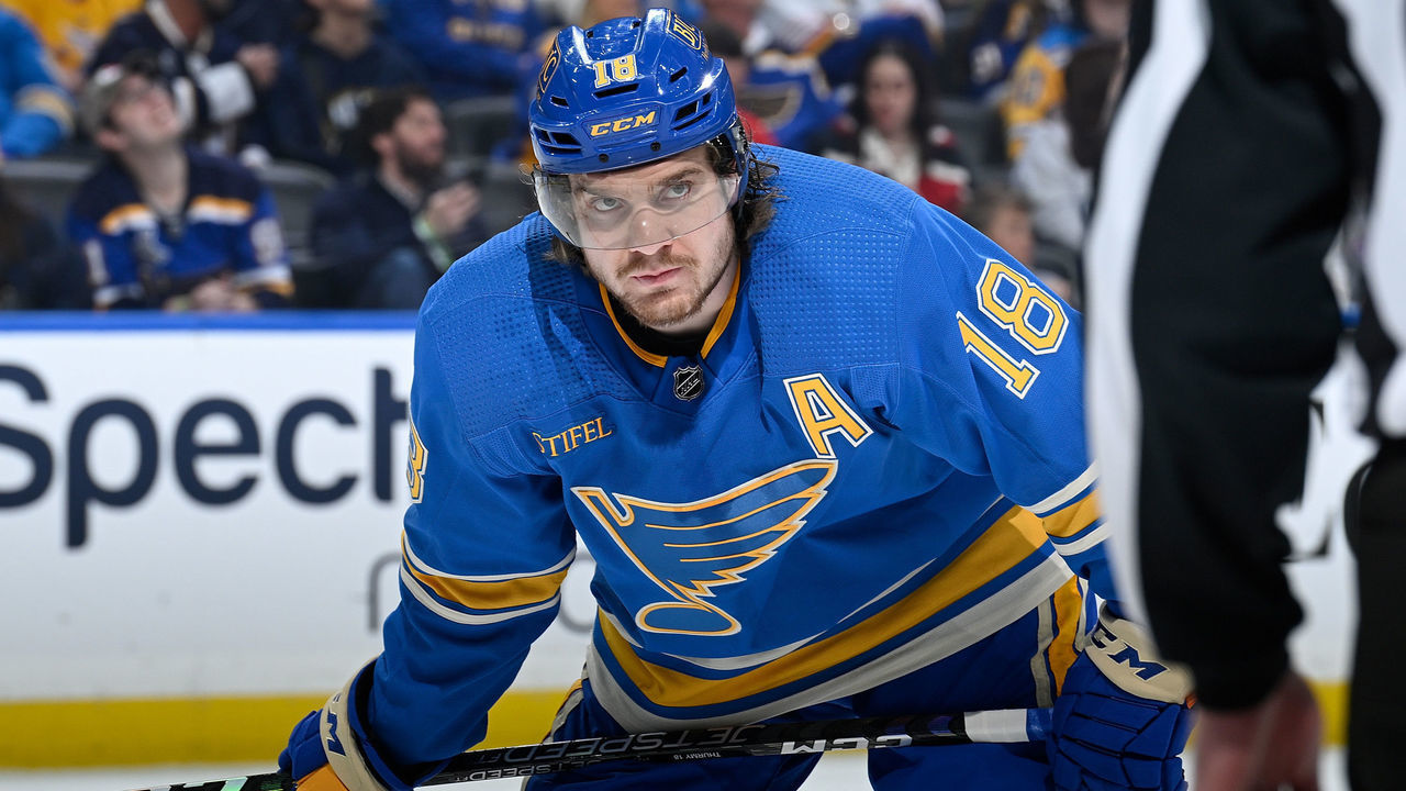 ST. LOUIS, MO - JANUARY 21: Robert Thomas #18 of the St. Louis Blues looks on during the game against the Chicago Blackhawks at the Enterprise Center on January 21, 2023 in St. Louis, Missouri.