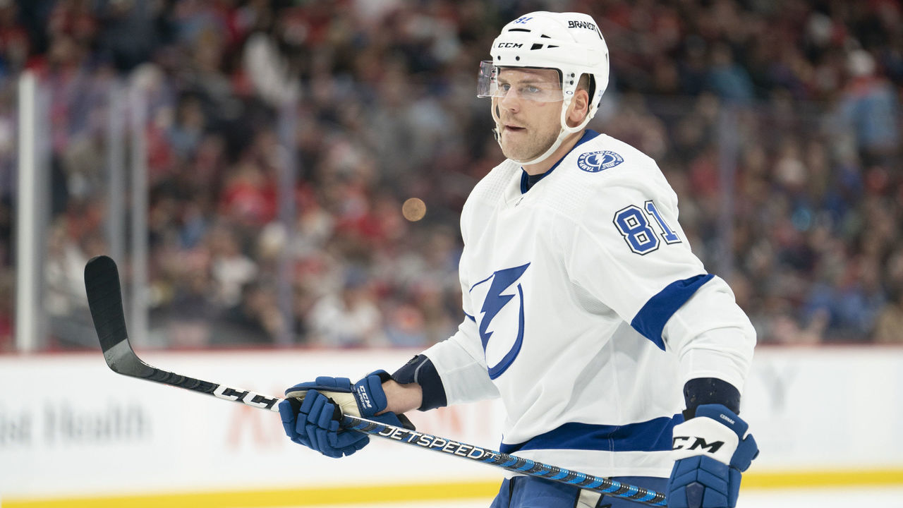 SUNRISE, FL - FEBRUARY 06: Tampa Bay Lightning defenseman Erik Cernak (81) looks on during the game between the Florida Panthers and the Tampa Bay Lightning at FLA Live Arena in Sunrise, FL on February 6, 2023.
