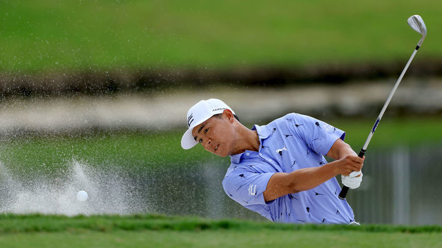 PALM BEACH GARDENS, FLORIDA - FEBRUARY 24: Justin Suh of the United States blasts from a bunker on the 16th hole during the second round of The Honda Classic at PGA National Resort And Spa on February 24, 2023 in Palm Beach Gardens, Florida.