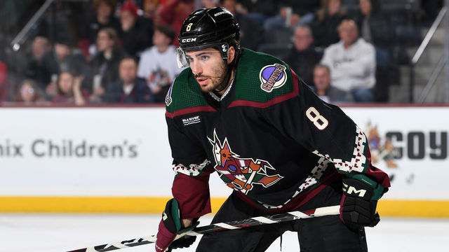 TEMPE, ARIZONA - FEBRUARY 22: Nick Schmaltz #8 of the Arizona Coyotes gets ready during a face off against the Calgary Flames at Mullett Arena on February 22, 2023 in Tempe, Arizona.