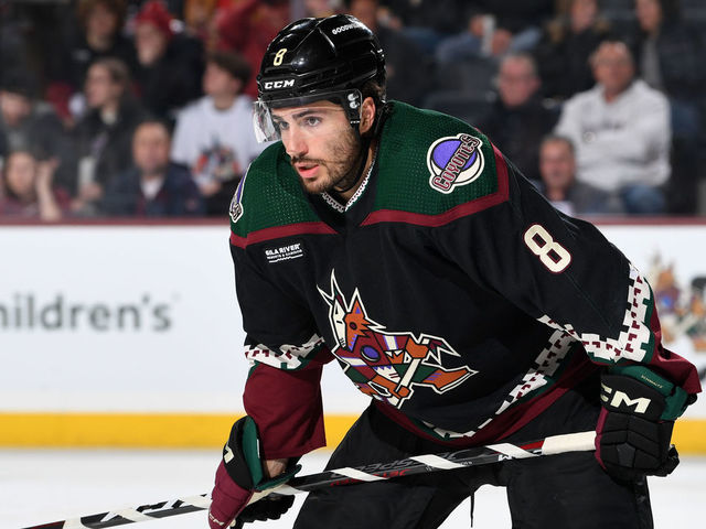 TEMPE, ARIZONA - FEBRUARY 22: Nick Schmaltz #8 of the Arizona Coyotes gets ready during a face off against the Calgary Flames at Mullett Arena on February 22, 2023 in Tempe, Arizona.