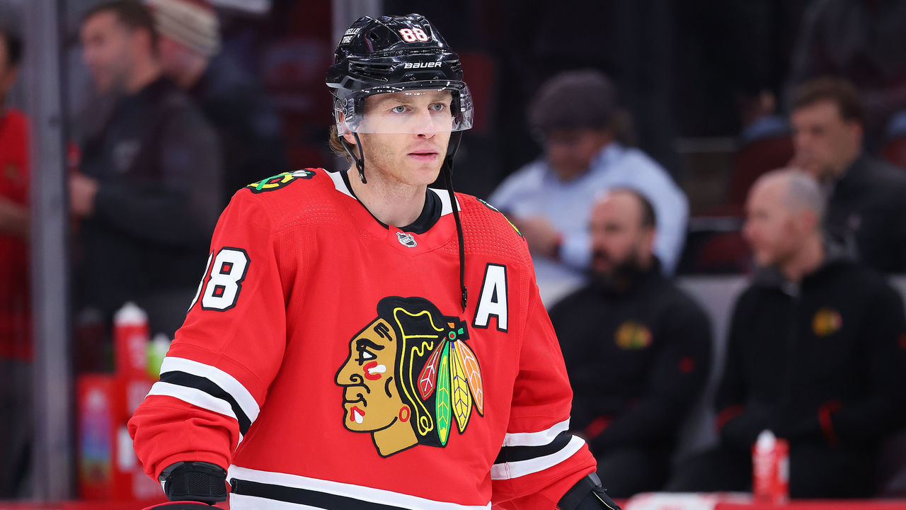 CHICAGO, ILLINOIS - FEBRUARY 21: Patrick Kane #88 of the Chicago Blackhawks looks on prior to the game against the Vegas Golden Knights at United Center on February 21, 2023 in Chicago, Illinois.