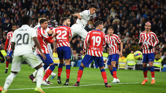 MADRID, SPAIN - FEBRUARY 25: Alvaro Rodriguez of Real Madrid scores their team's opening goal during the LaLiga Santander match between Real Madrid CF and Atletico de Madrid at Estadio Santiago Bernabeu on February 25, 2023 in Madrid, Spain.
