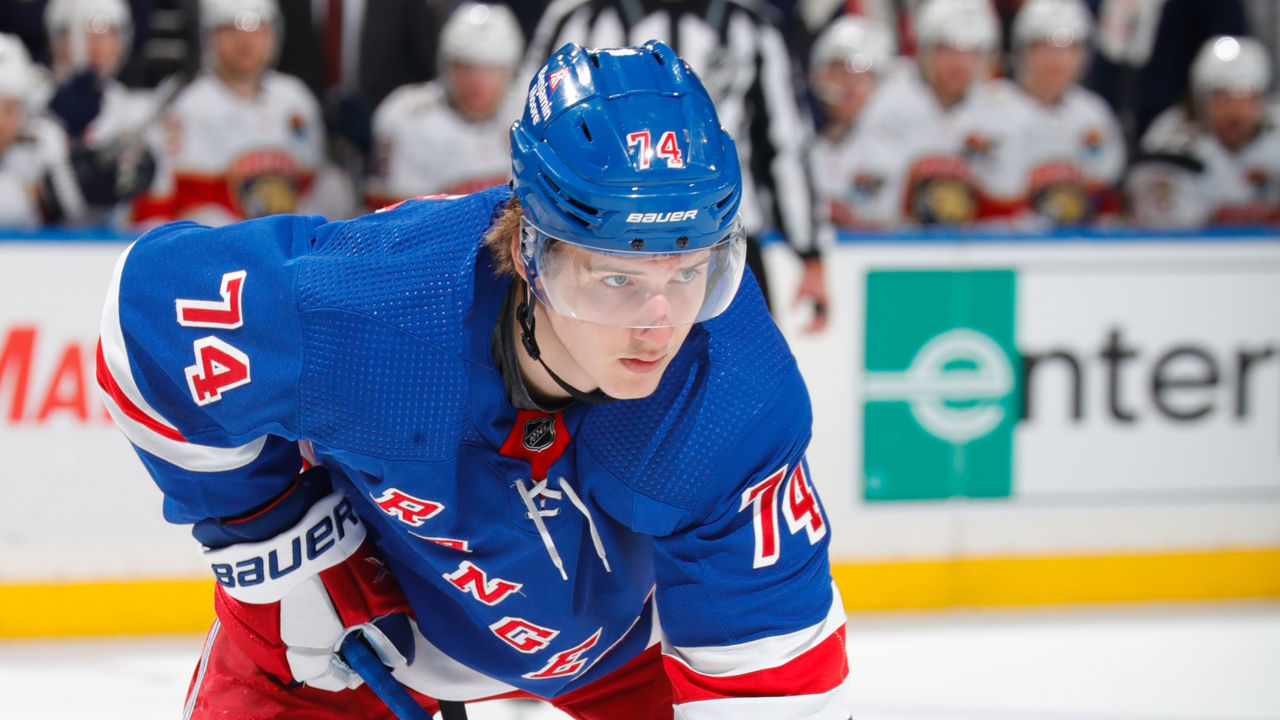 NEW YORK, NEW YORK - JANUARY 23: Vitali Kravtsov #74 of the New York Rangers skates against the Florida Panthers at Madison Square Garden on January 23, 2023 in New York City.