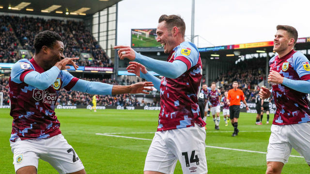BURNLEY, ENGLAND - FEBRUARY 25: Burnley's Connor Roberts celebrates scoring his side's second goal with Nathan Tella during the Sky Bet Championship between Burnley and Huddersfield Town at Turf Moor on February 25, 2023 in Burnley, United Kingdom.