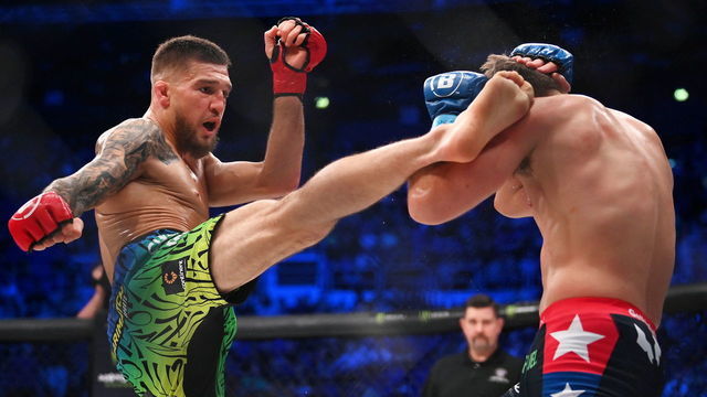 Dublin , Ireland - 25 February 2023; Yaroslav Amosov, left, in action against Logan Storley during their welterweight title bout at Bellator 291 in the 3 Arena, Dublin.