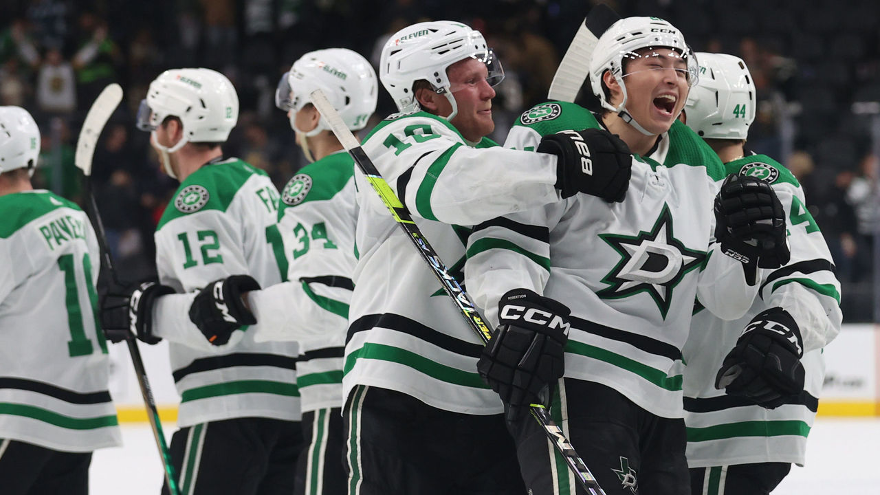 LAS VEGAS, NEVADA - FEBRUARY 25: The Dallas Stars celebrate after defeating the Vegas Golden Knights in a shootout at T-Mobile Arena on February 25, 2023 in Las Vegas, Nevada.