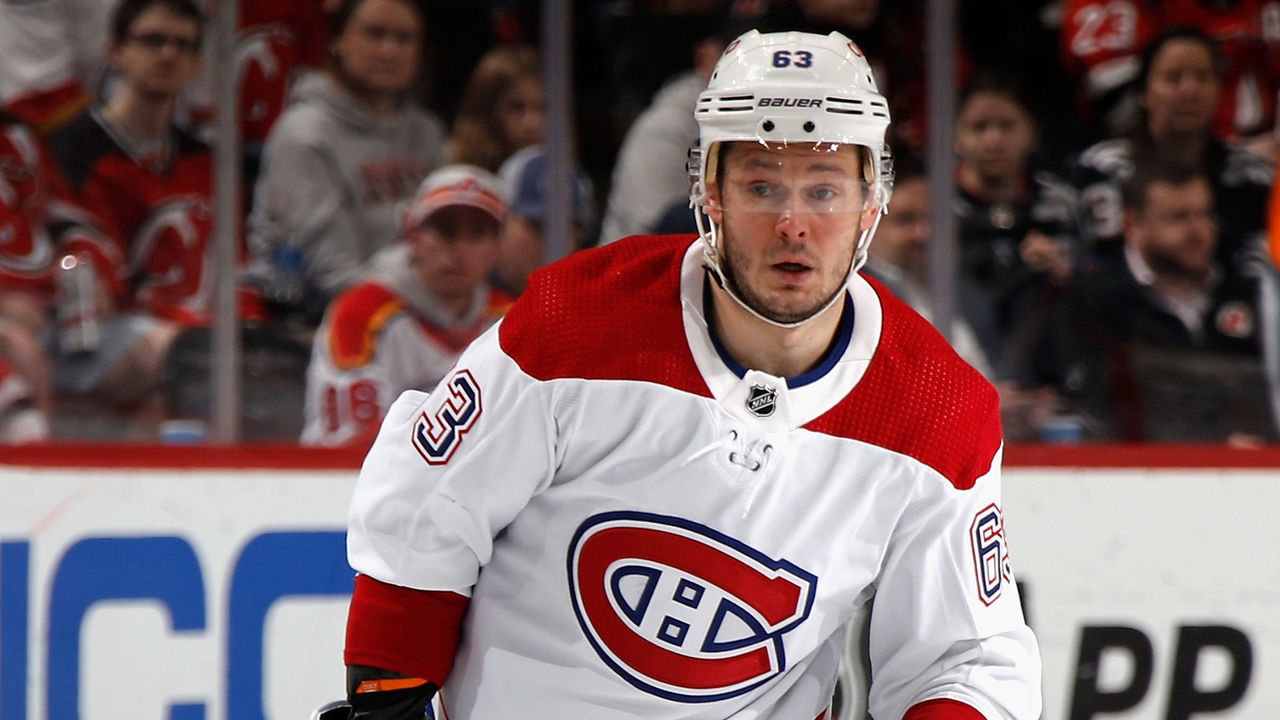 NEWARK, NEW JERSEY - FEBRUARY 21: Evgenii Dadonov #63 of the Montreal Canadiens skates against the New Jersey Devils at the Prudential Center on February 21, 2023 in Newark, New Jersey.