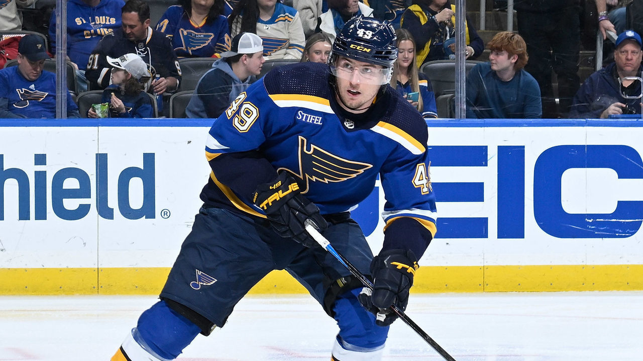 ST. LOUIS, MO - FEBRUARY 16: Ivan Barbashev #49 of the St. Louis Blues in action against the New Jersey Devils at the Enterprise Center on February 16, 2023 in St. Louis, Missouri.