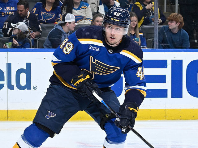 ST. LOUIS, MO - FEBRUARY 16: Ivan Barbashev #49 of the St. Louis Blues in action against the New Jersey Devils at the Enterprise Center on February 16, 2023 in St. Louis, Missouri.