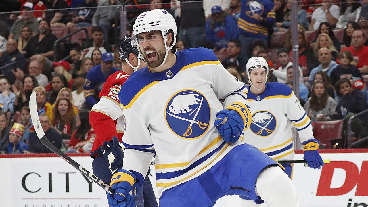 SUNRISE, FLORIDA - FEBRUARY 24: Alex Tuch #89 of the Buffalo Sabres celebrates his goal during the second period against the Florida Panthers at the FLA Live Arena on February 24, 2023 in Sunrise, Florida.