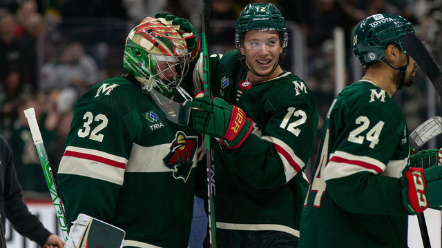 SAINT PAUL, MN - FEBRUARY 17: Minnesota Wild goaltender Filip Gustavsson (32) celebrates a win with Minnesota Wild left wing Matt Boldy (12) after the NHL game between the Dallas Stars and the Minnesota Wild, on February 17th, 2023, at the Xcel Energy Center in Saint Paul, MN.