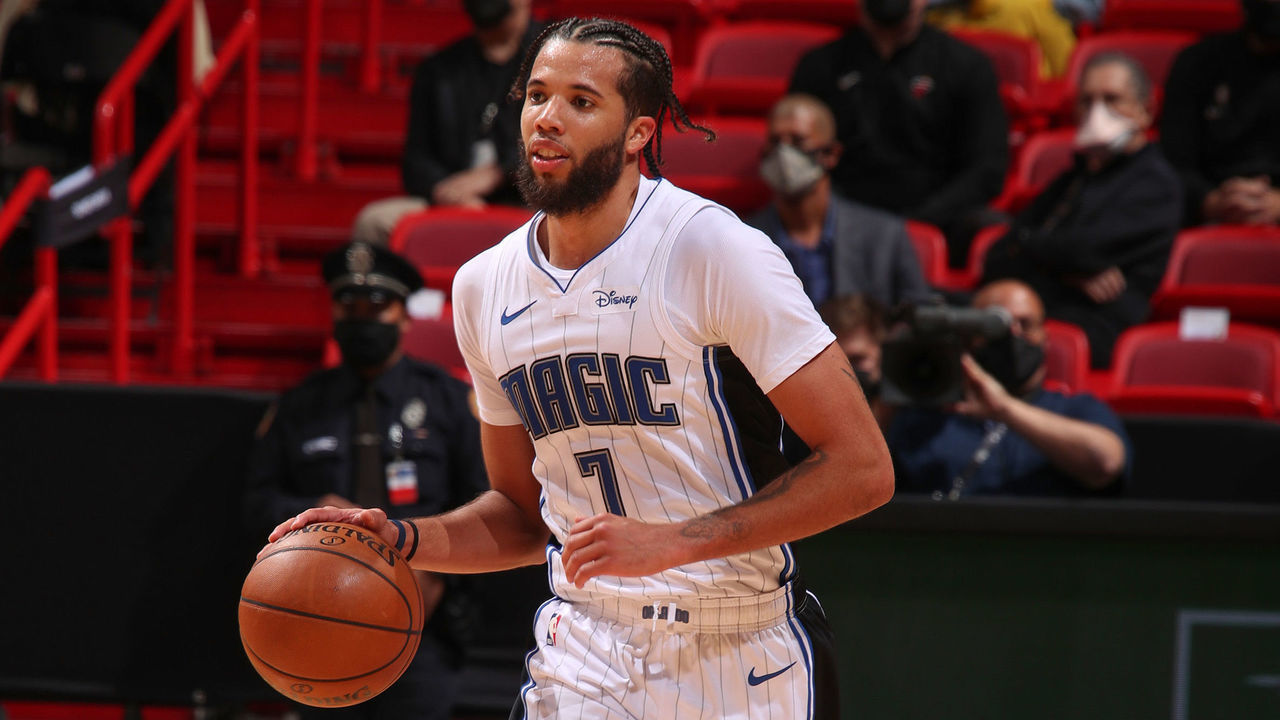 MIAMI, FL - MARCH 11: Michael Carter-Williams #7 of the Orlando Magic dribbles the ball during the game against the Miami Heat on March 11, 2021 at American Airlines Arena in Miami, Florida. Mandatory Copyright Notice: Copyright 2021 NBAE