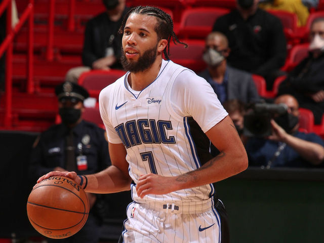 MIAMI, FL - MARCH 11: Michael Carter-Williams #7 of the Orlando Magic dribbles the ball during the game against the Miami Heat on March 11, 2021 at American Airlines Arena in Miami, Florida. Mandatory Copyright Notice: Copyright 2021 NBAE