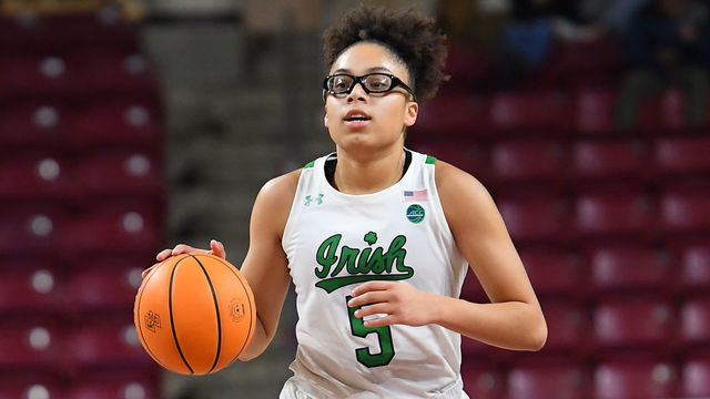 CHESTNUT HILL, MA - FEBRUARY 02: Notre Dame Fighting Irish guard Olivia Miles (5) dribbles the ball during a women's college basketball game between the Notre Dame Fighting Irish and the Boston College Eagles on February 2, 2023, at Conte Forum in Chestnut Hill, MA.