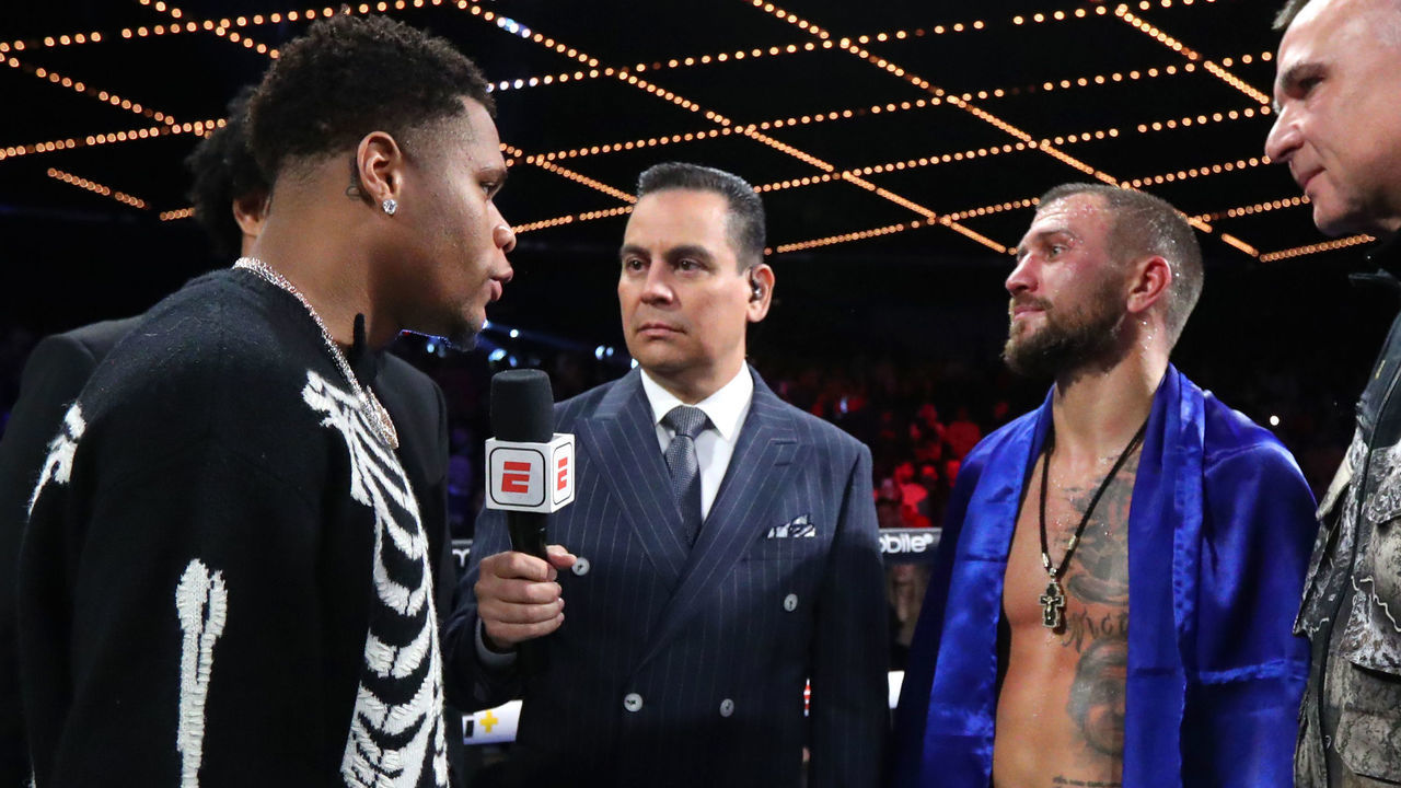 NEW YORK, NEW YORK - OCTOBER 29: (L-R) Devin Haney; Bernardo Osuna and Vasiliy Lomachenko talk about a future fight at The Hulu Theater at Madison Square Garden on October 29, 2022 in New York City.