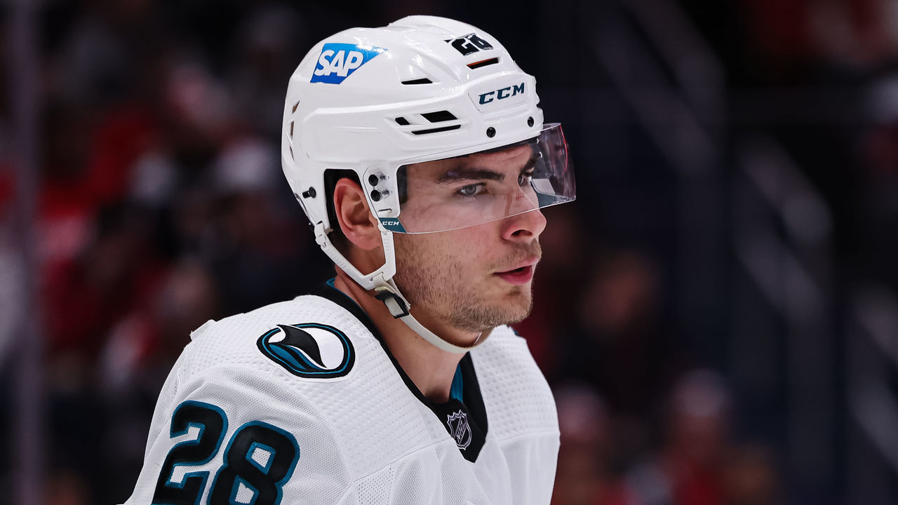 WASHINGTON, DC - FEBRUARY 12: Timo Meier #28 of the San Jose Sharks looks on against the Washington Capitals during the third period of the game at Capital One Arena on February 12, 2023 in Washington, DC.