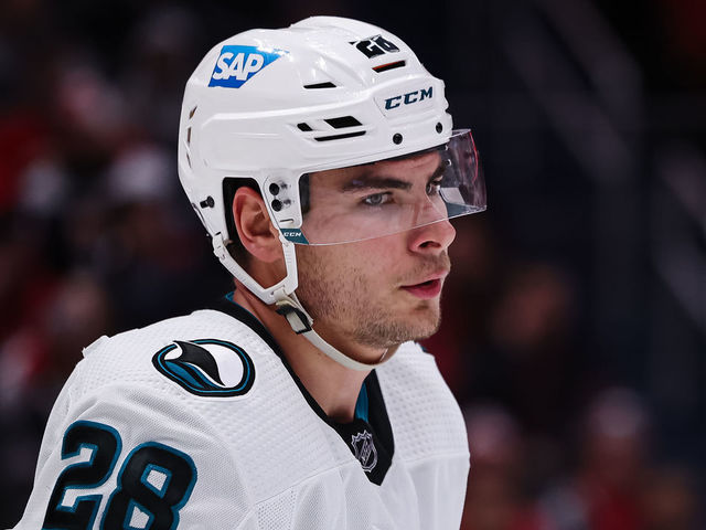 WASHINGTON, DC - FEBRUARY 12: Timo Meier #28 of the San Jose Sharks looks on against the Washington Capitals during the third period of the game at Capital One Arena on February 12, 2023 in Washington, DC.