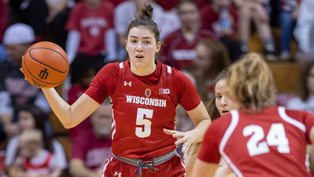 BLOOMINGTON, IN - JANUARY 15: Julie Pospisilova #5 of the Wisconsin Badgers brings the ball up court during the game against the Indiana Hoosiers at Simon Skjodt Assembly Hall on January 15, 2023 in Bloomington, Indiana.