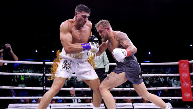 RIYADH, SAUDI ARABIA - FEBRUARY 26: Tommy Fury exchanges punches with Jake Paul during the Cruiserweight Title fight between Jake Paul and Tommy Fury at the Diriyah Arena on February 26, 2023 in Riyadh, Saudi Arabia.