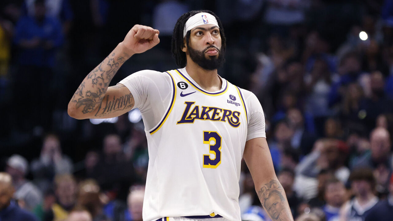 DALLAS, TX - FEBRUARY 26 : Anthony Davis #3 of the Los Angeles Lakers reacts after a 111-108 win over the Dallas Mavericks at American Airlines Center on February 26, 2023 in Dallas, Texas.